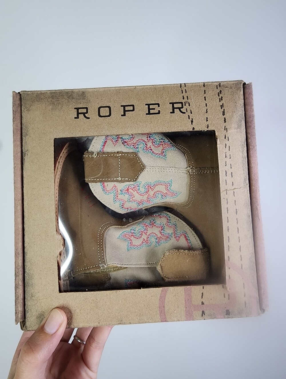 Roper Baby Cowgirl Tan & Cream Western Boots with Pink & Blue Embroidery